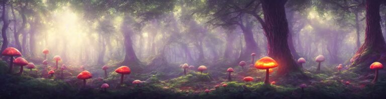 Fantasy forest with glowing red mushrooms in soft light