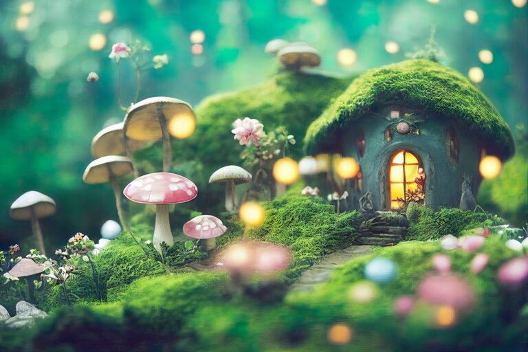 Illustration of a mossy fairy house with a glowing doorway among pink and white mushrooms