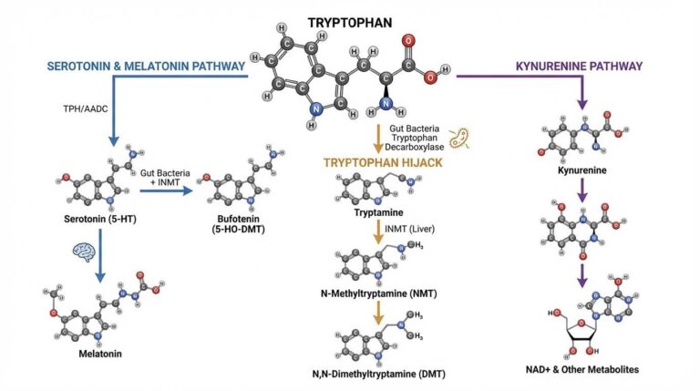 Diagram of 3 pathways from tryptophan: serotonin and melatonin on the left, the tryptophan hijack in the middle (tryptamine, then N-methyltryptamine, then DMT, via gut bacteria and liver INMT), and kynurenine leading to NAD+ on the right