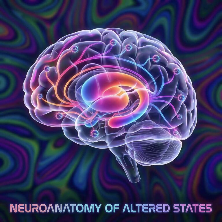 Translucent glowing brain marked with 5-HT receptor labels on a swirling psychedelic background, titled Neuroanatomy of Altered States