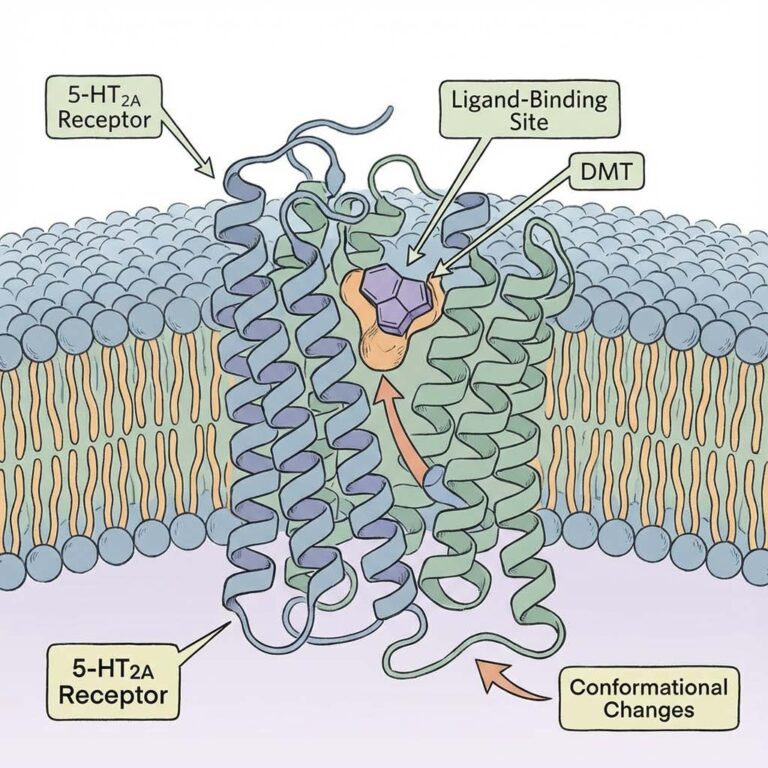 Diagram of a DMT molecule in the ligand-binding site of the 5-HT2A receptor within a cell membrane, with an arrow marking conformational changes