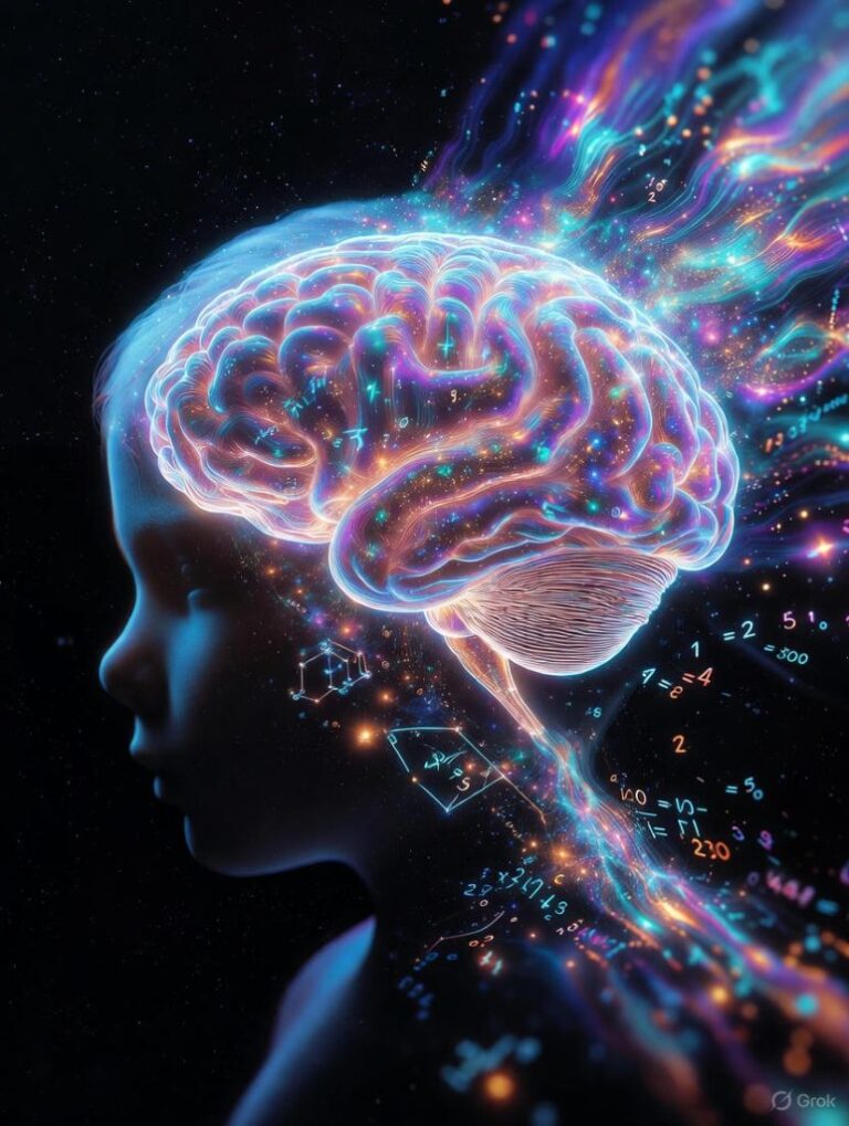 Digital art of a child's profile with a glowing translucent brain, surrounded by numbers and streams of light