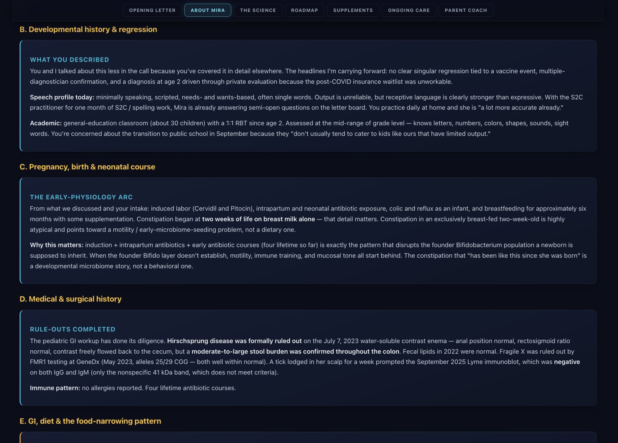 Sample consultation follow-up report developmental and medical history section