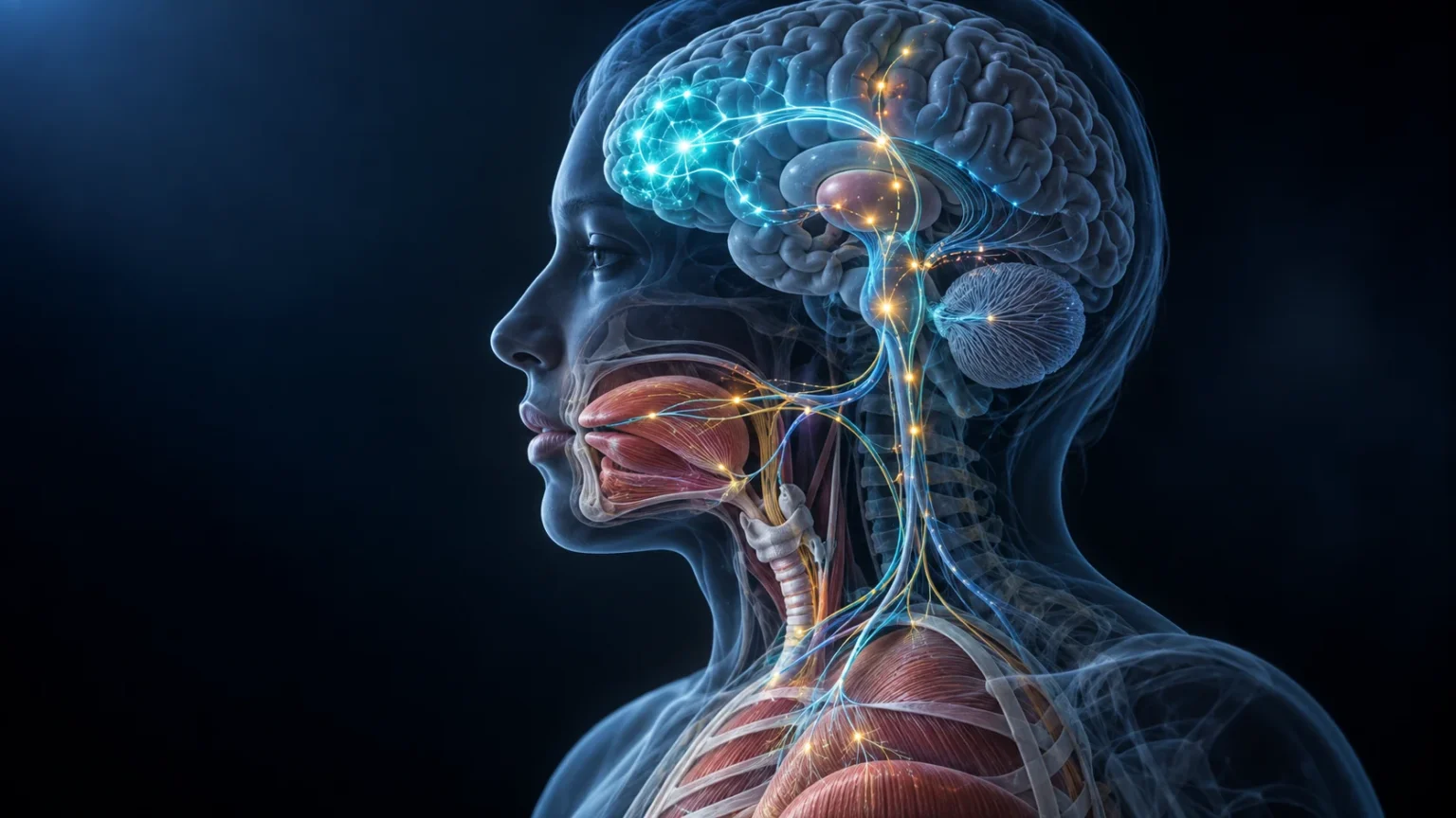 Transparent side view of the brain, cerebellum, speech structures, and motor pathways showing a coherent cortical signal becoming temporally disrupted before articulation.