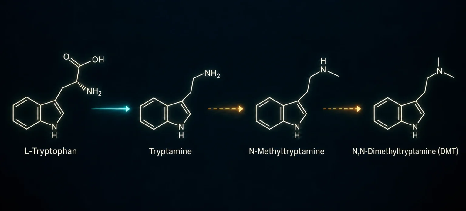 4 skeletal chemical structures showing L-tryptophan, tryptamine, N-methyltryptamine, and N,N-dimethyltryptamine in sequence, with uncertain methylation steps visually distinguished.