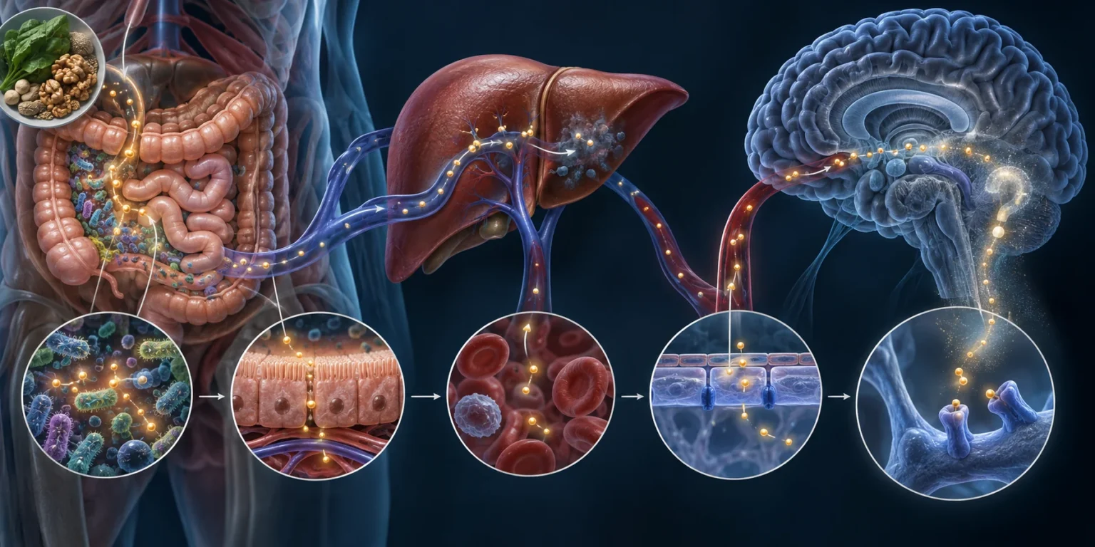Biomedical pathway from intestinal microbes through intestinal epithelium, portal circulation, liver clearance, systemic blood, blood brain barrier, and brain, ending in a visible field of uncertainty.