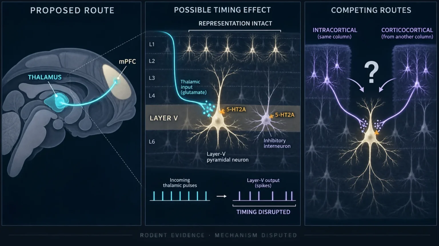 3 panels. Left, a sagittal brain with an input running from the thalamus to medial prefrontal cortex. Center, a layered cortical column where thalamic glutamate input reaches a layer V pyramidal neuron and an inhibitory interneuron that carry 5-HT2A receptors, with evenly spaced incoming pulses leaving as irregularly spaced output spikes. Right, intracortical and corticocortical inputs converging on the same neuron beneath a question mark.