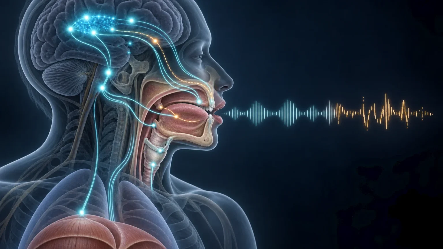 Transparent sagittal head and upper chest showing cortical pathways to the lips, tongue, larynx, and diaphragm, with an organized neural signal becoming irregular during articulation.