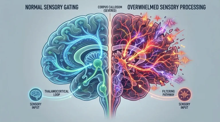 Brain split into 2 halves: normal sensory gating on the left, with calm signals through the thalamocortical loop, and overwhelmed sensory processing on the right, with chaotic red signals