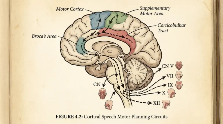Drawing of the speech motor planning circuit, from Broca's area, the motor cortex and the supplementary motor area down the corticobulbar tract to cranial nerves V, VII, IX, X and XII