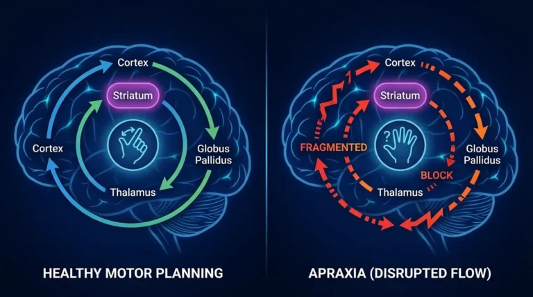 2 brain diagrams of the loop through cortex, striatum, globus pallidus and thalamus: a smooth circuit labeled Healthy Motor Planning, and a broken, blocked circuit labeled Apraxia (Disrupted Flow)
