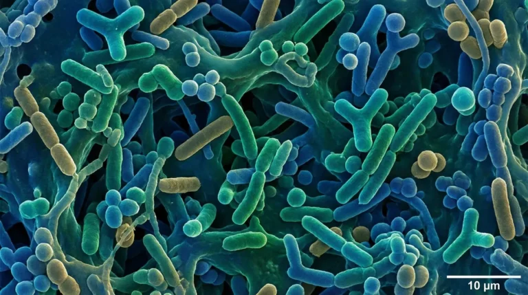 Illustration of densely packed rod-shaped, round and Y-shaped bacteria in the style of a colorized electron micrograph, with a 10 µm scale bar