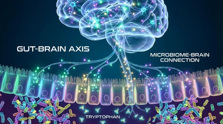 Illustration of the gut-brain axis: nerve fibers run from the brain down to the intestinal lining, with gut bacteria and tryptophan molecules below. Labels read Gut-Brain Axis, Microbiome-Brain Connection and Tryptophan.