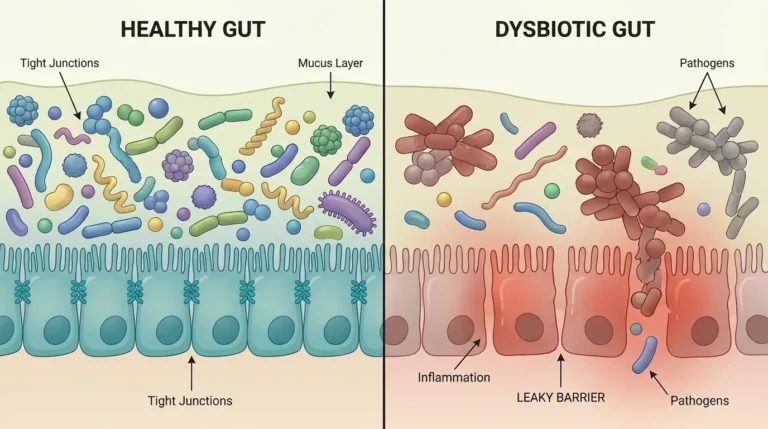 Side-by-side diagram of a healthy gut, with diverse bacteria, a mucus layer and intact tight junctions, and a dysbiotic gut, with pathogens, inflammation and a leaky barrier