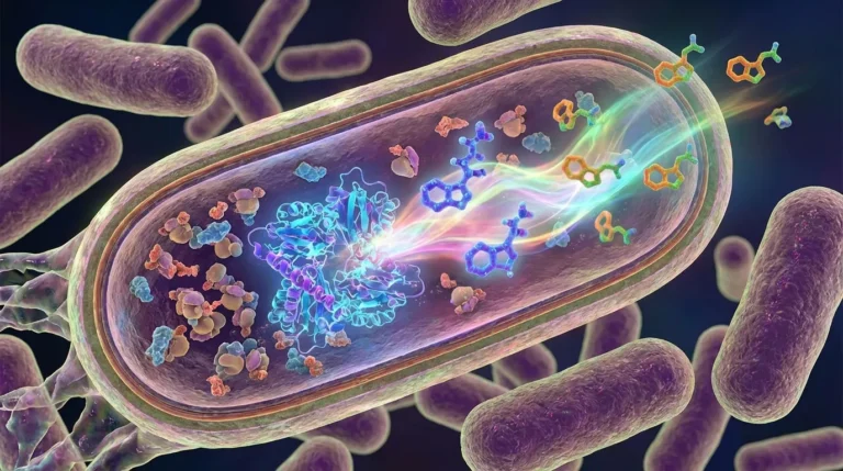 Illustration of a rod-shaped bacterium with an enzyme inside it releasing tryptamine molecules