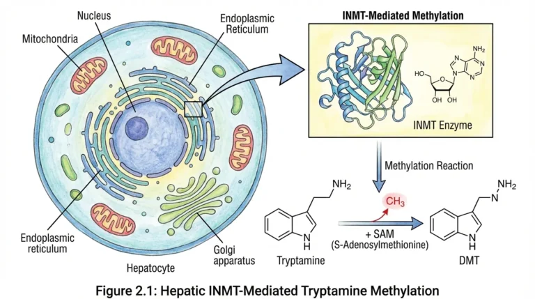 Drawing of a liver cell (hepatocyte) with the INMT enzyme highlighted, and tryptamine plus SAM (S-adenosylmethionine) converted to a product labeled DMT. Caption: Hepatic INMT-Mediated Tryptamine Methylation.
